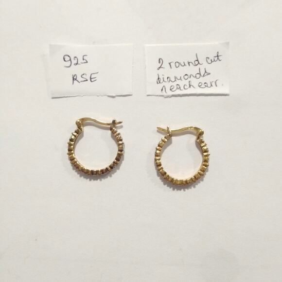 Diamond 14k yellow gold on 925 Sterling Silver Huggie Hoop Earrings RSE Signed - Picture 11 of 13